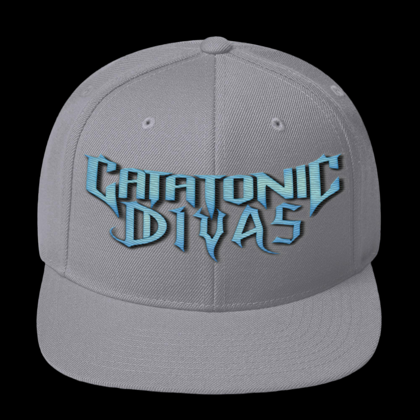 All-grey snapback hat with a structured, high-profile fit and “Catatonic Divas” embroidered on the front in bold blue text. Features a grey dome and grey flat brim.