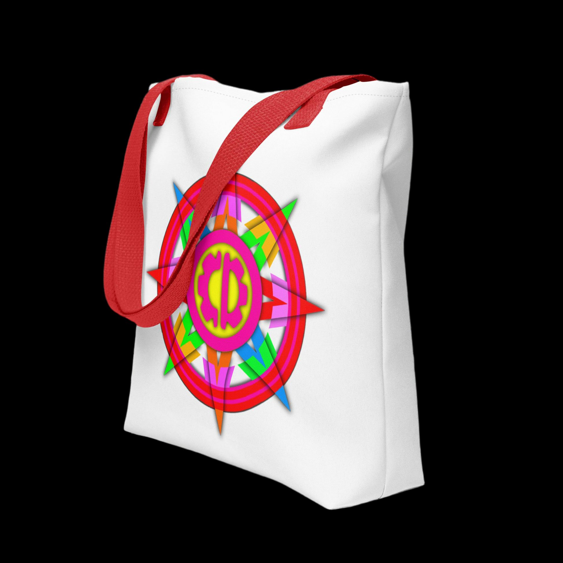 White tote bag featuring the Catatonic Divas logo, with sturdy red cotton handles. Made from 100% polyester, with a maximum weight limit of 44 lbs.