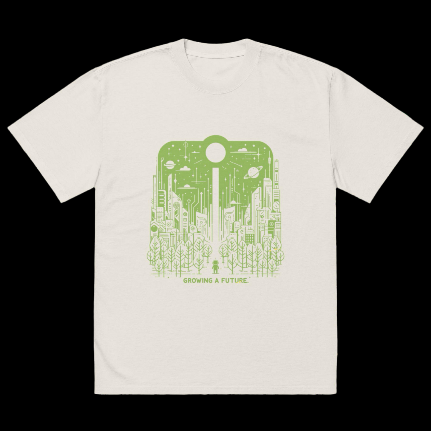 Oversized bone white t-shirt featuring a green graphic of a futuristic cityscape entwined with vibrant plant life, symbolizing harmony between nature and technology.